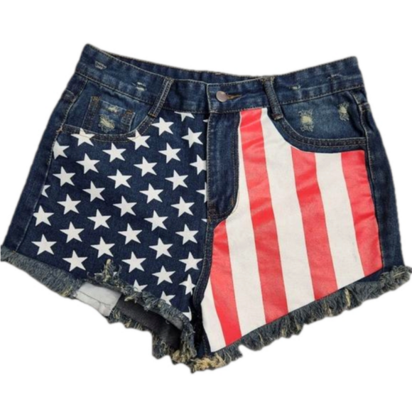 USA American flag cut off Denim Jean shorts distressed 4th of July NWOT - Picture 1 of 6